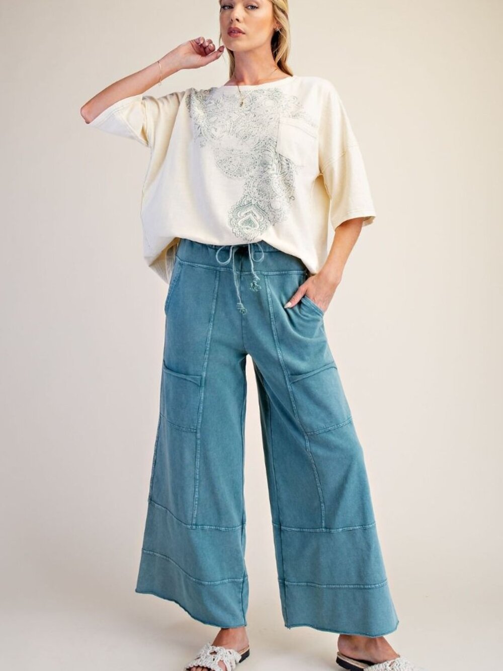 EASEL MINERAL WASHED TERRY KNIT PANTS 100% COTTON